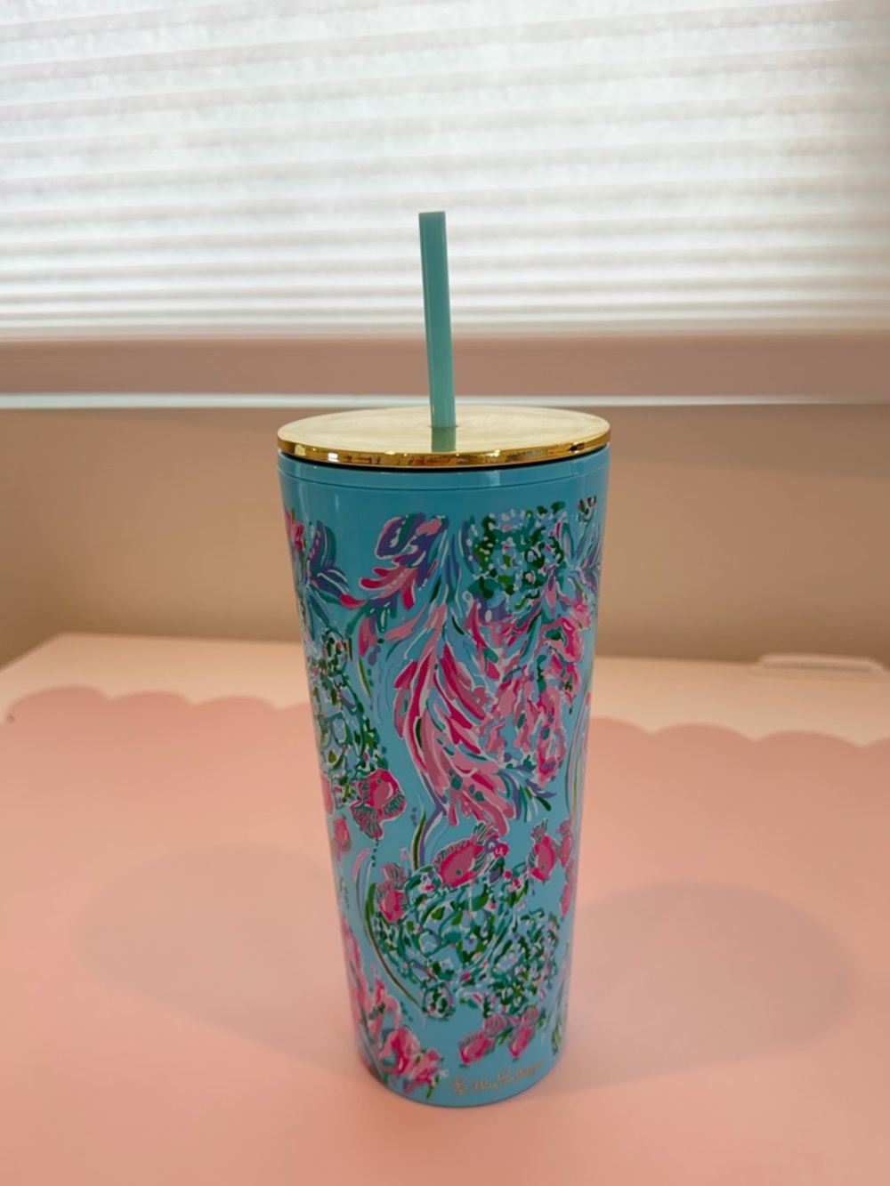 Lilly Pulitzer Blue Floral Travel Tumbler with Gold Rim and Straw